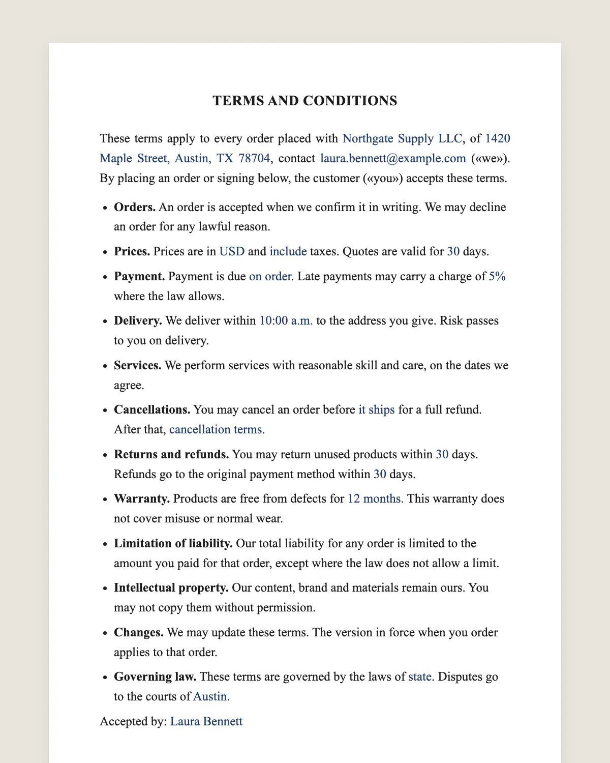 Terms and conditions example, filled in with sample data