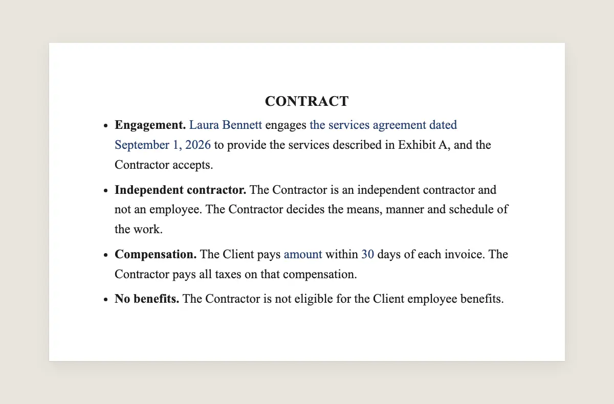 Contract example, filled in with sample data