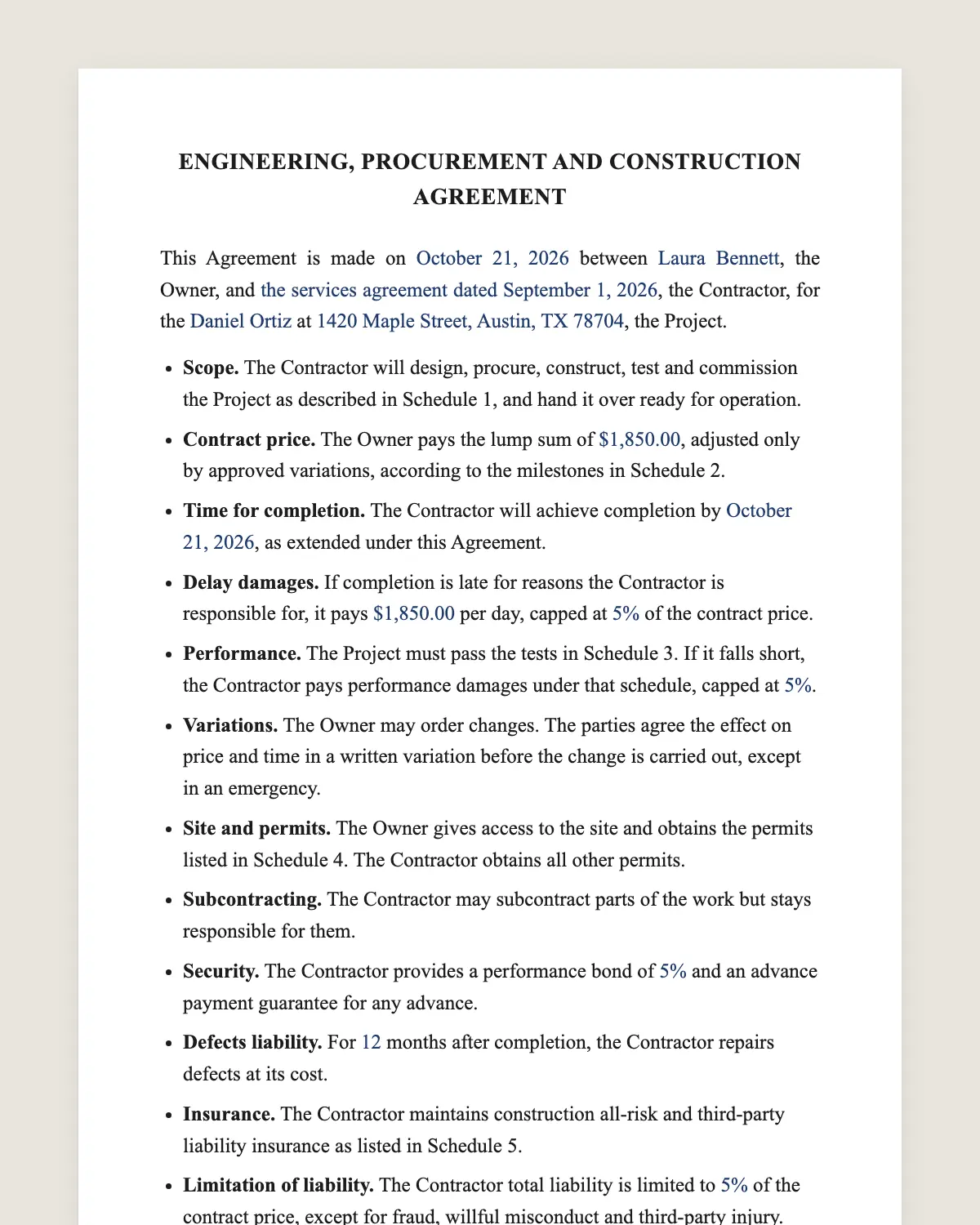 Engineering, procurement and construction agreement example, filled in with sample data