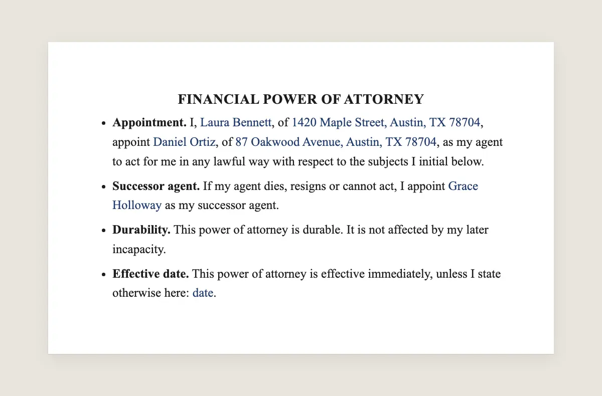 Financial power of attorney example, filled in with sample data
