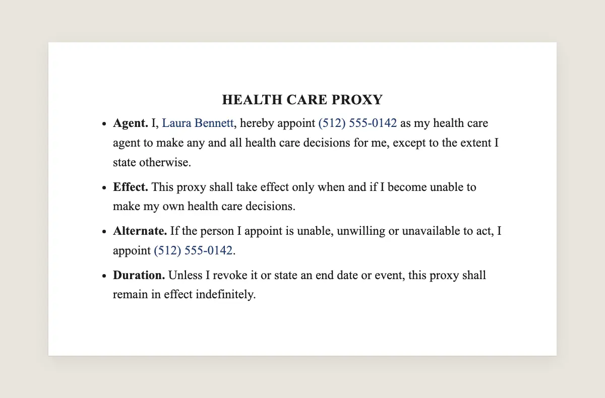 Health care proxy example, filled in with sample data