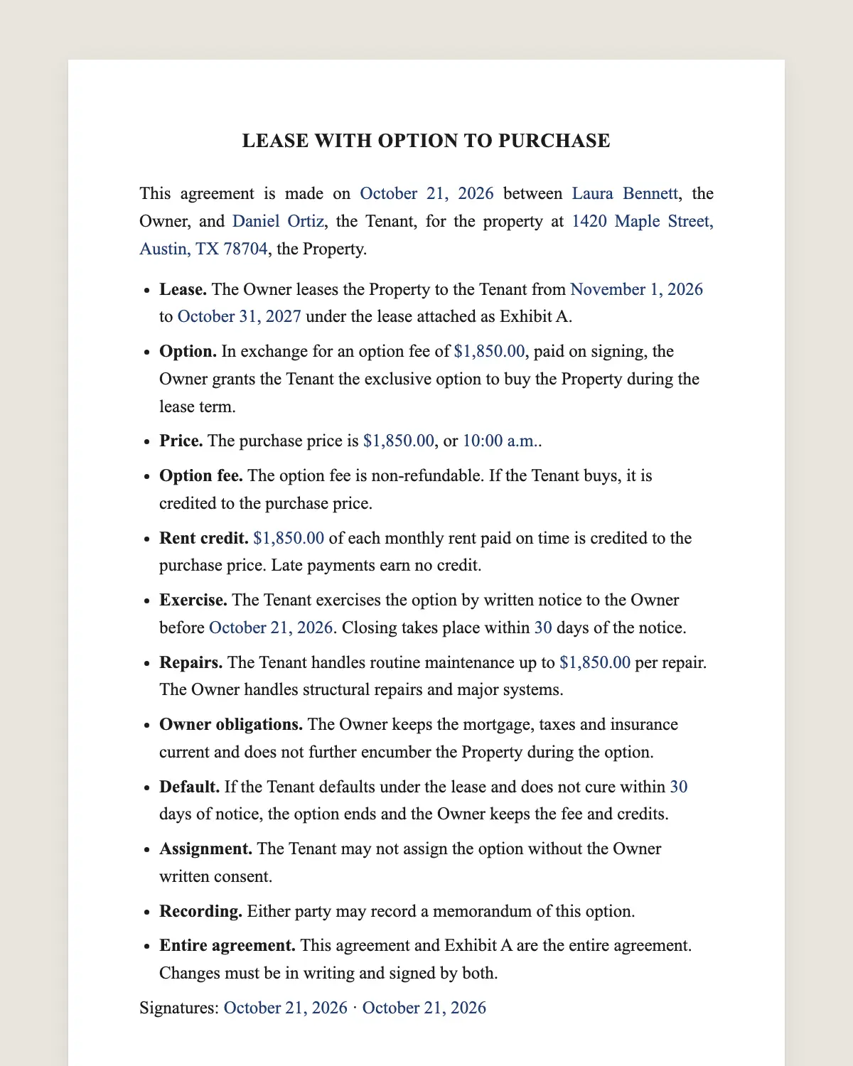 Lease with option to purchase example, filled in with sample data