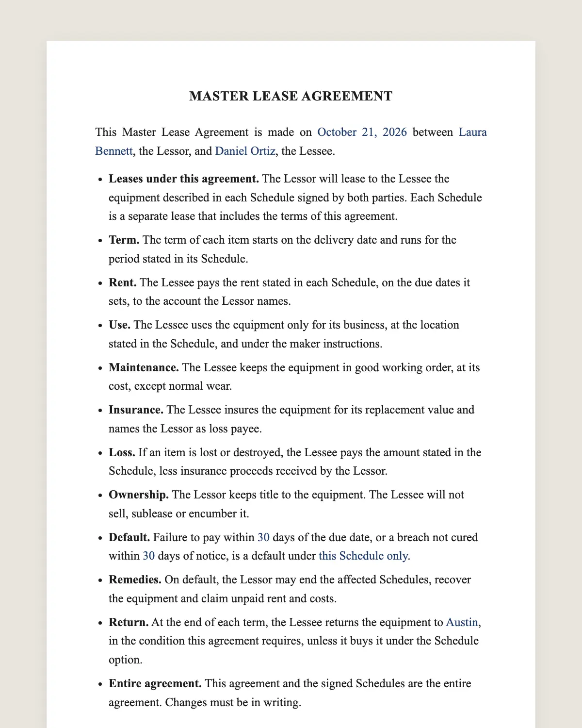 Master lease agreement example, filled in with sample data