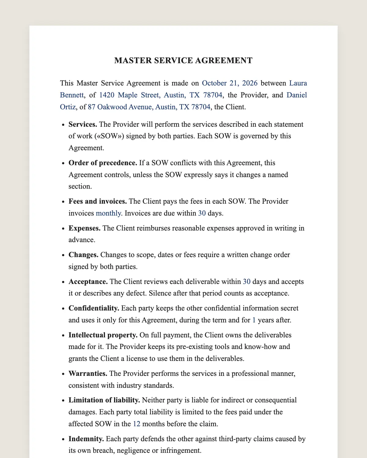 Master service agreement example, filled in with sample data