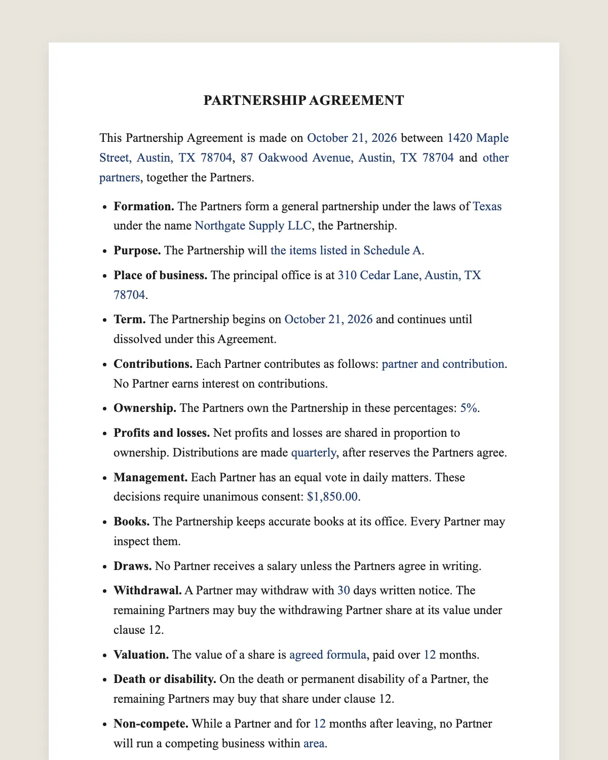 Partnership agreement example, filled in with sample data