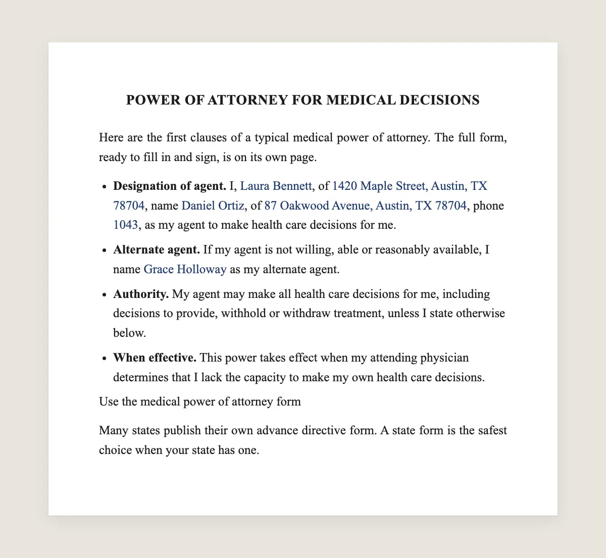 Power of attorney for medical decisions example, filled in with sample data