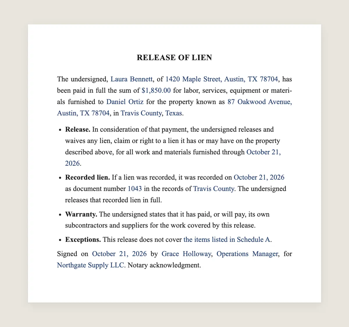 Release of lien example, filled in with sample data