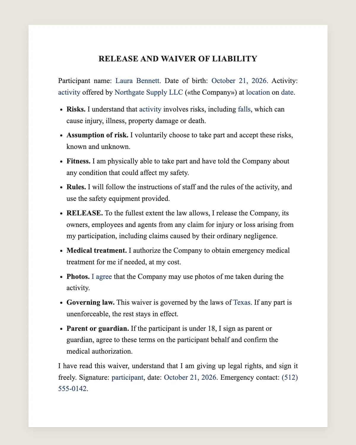Release and waiver of liability example, filled in with sample data