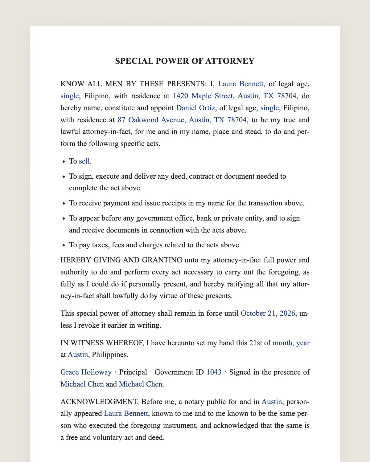 Special power of attorney example, filled in with sample data