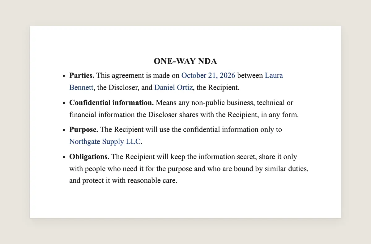 One-way NDA example, filled in with sample data