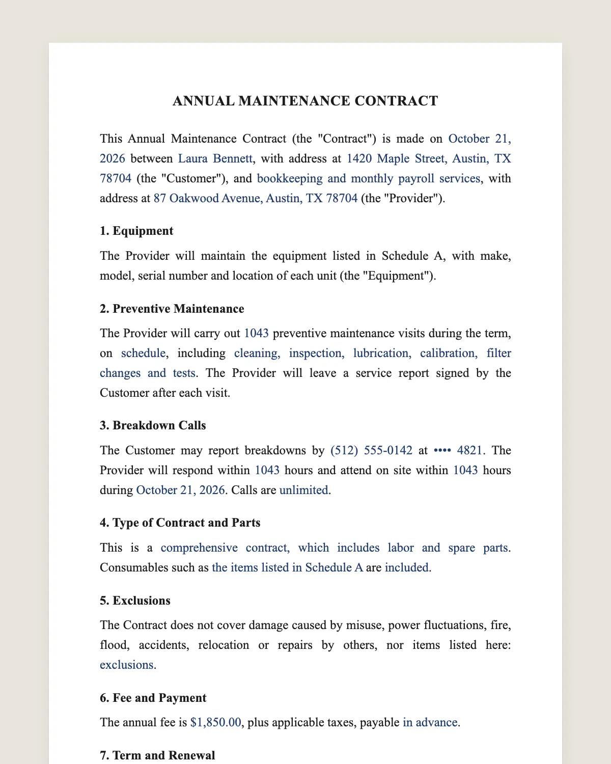 Annual maintenance contract example, filled in with sample data