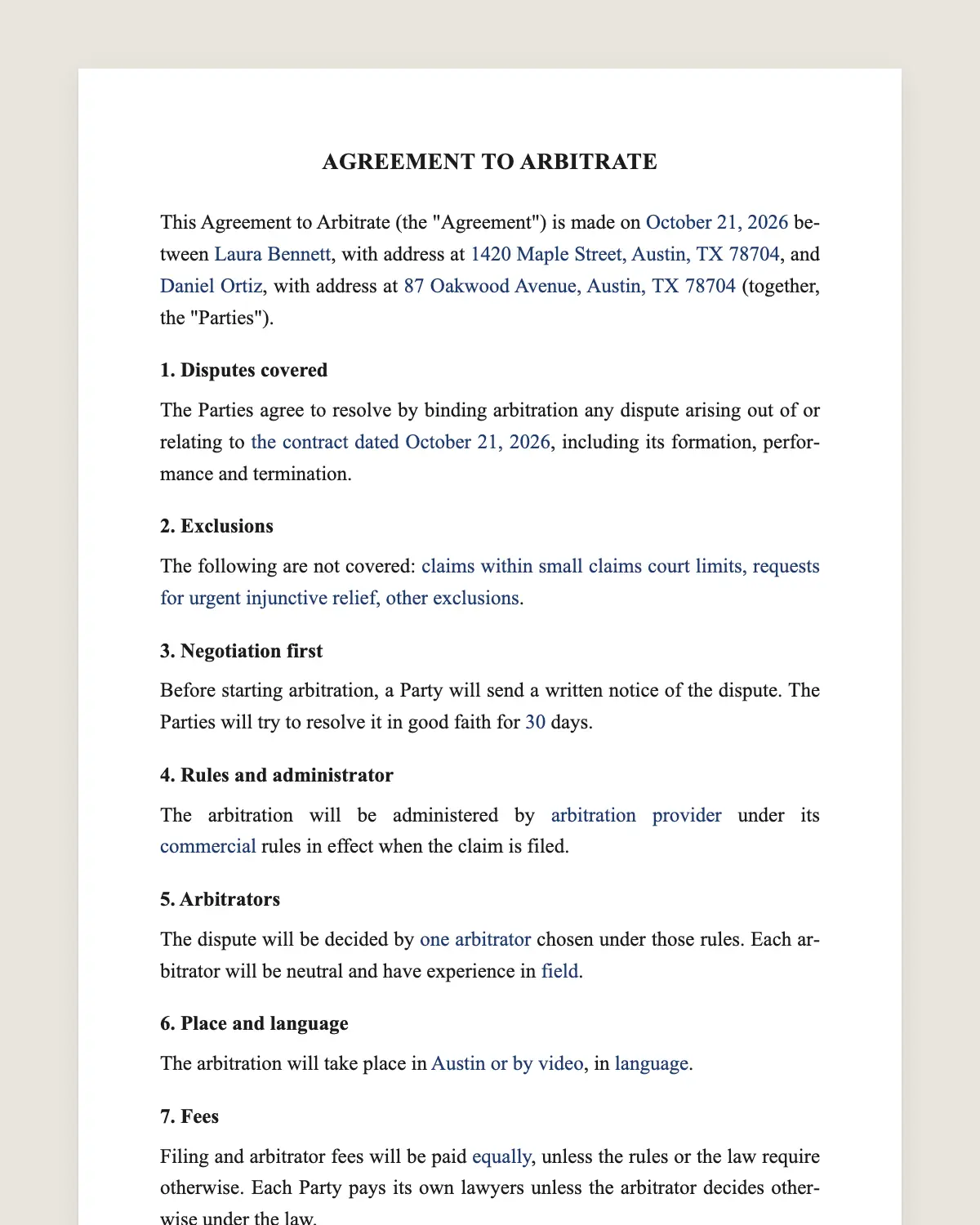 Arbitration agreement example, filled in with sample data