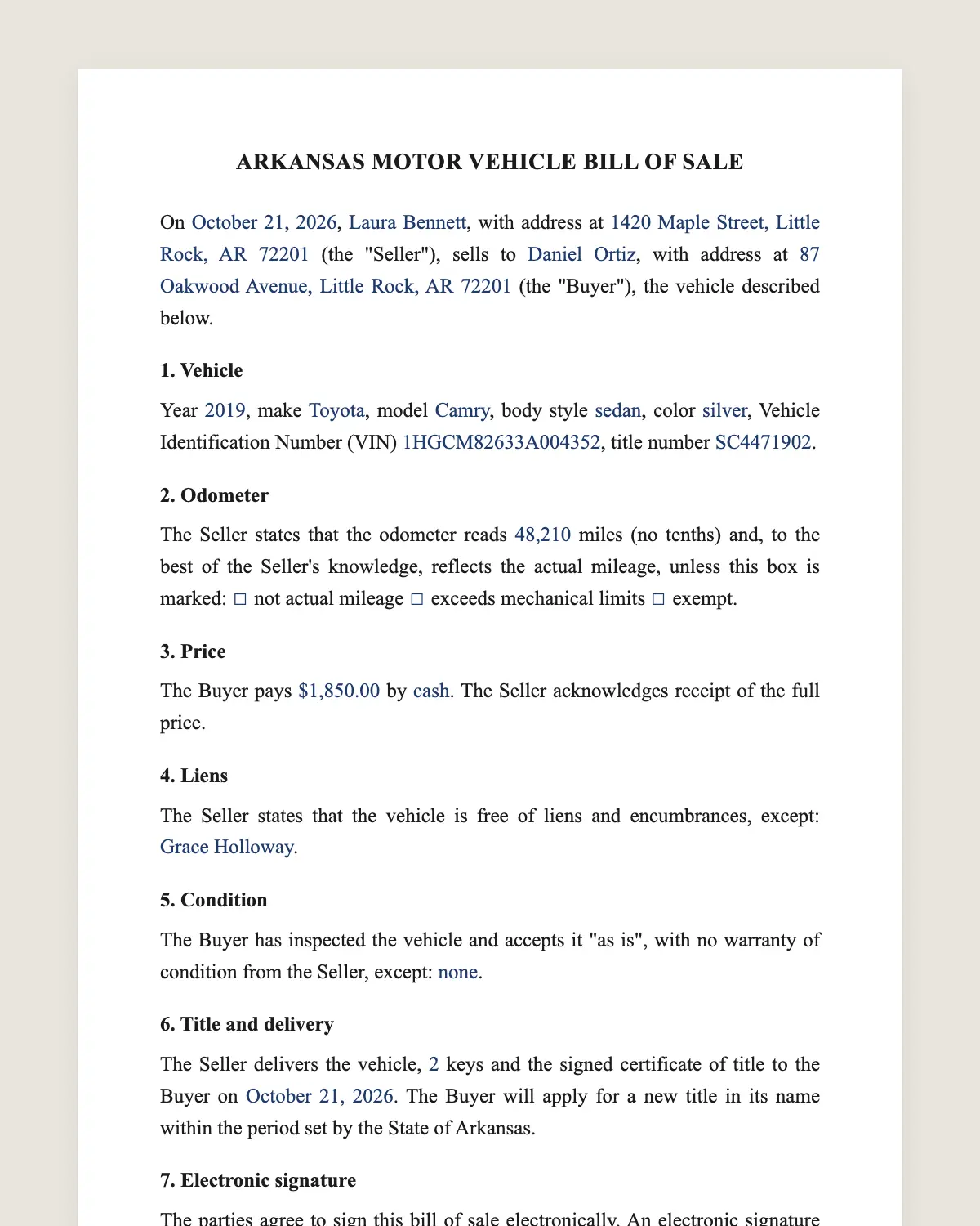 Arkansas bill of sale example, filled in with sample data
