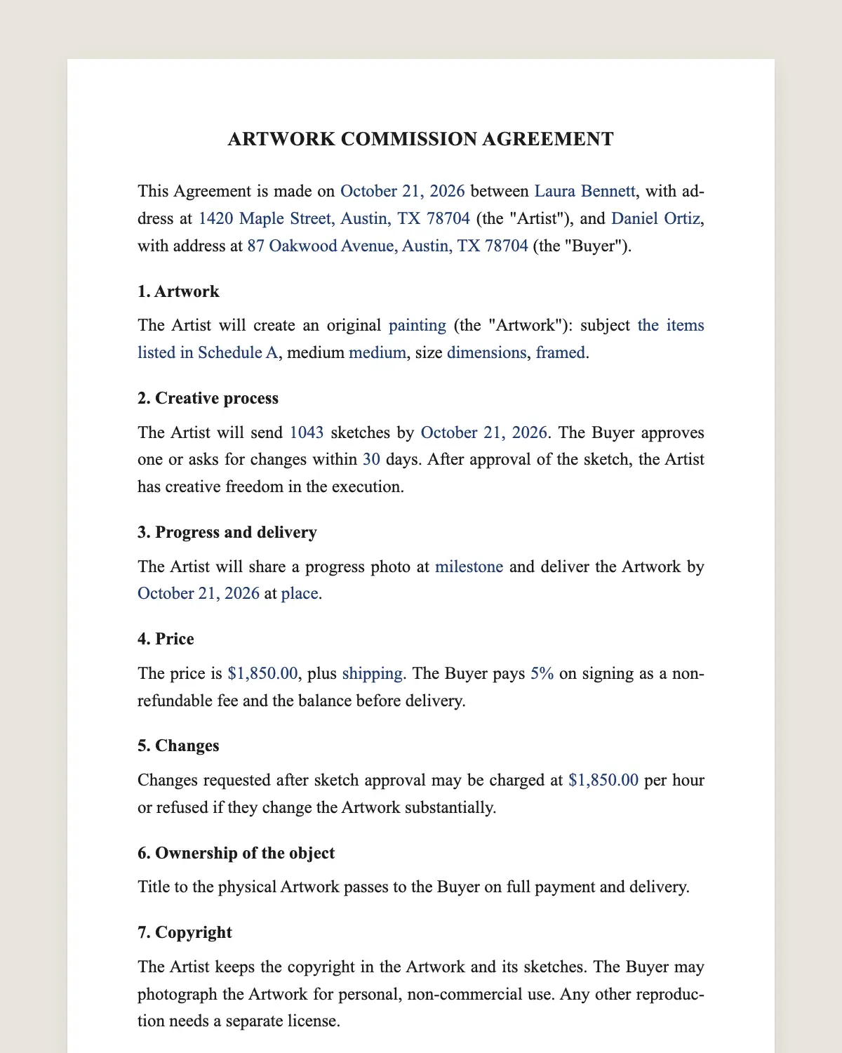 Artist commission agreement example, filled in with sample data