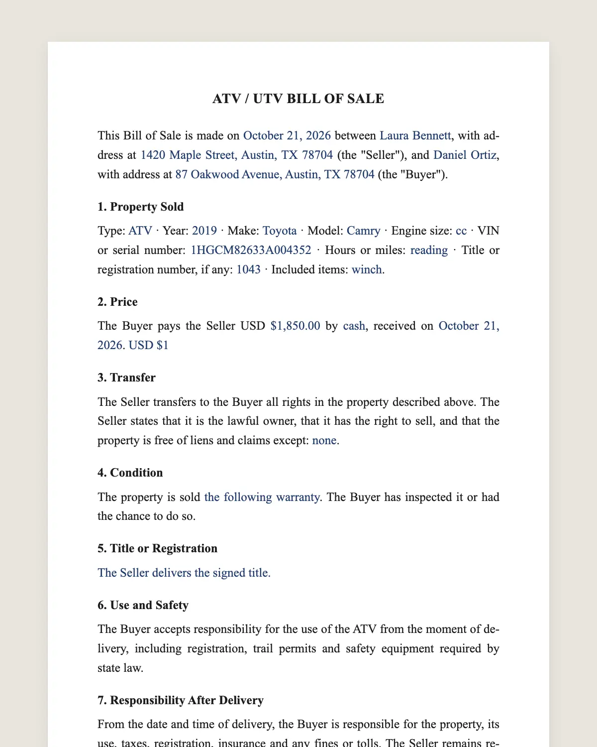 ATV bill of sale example, filled in with sample data