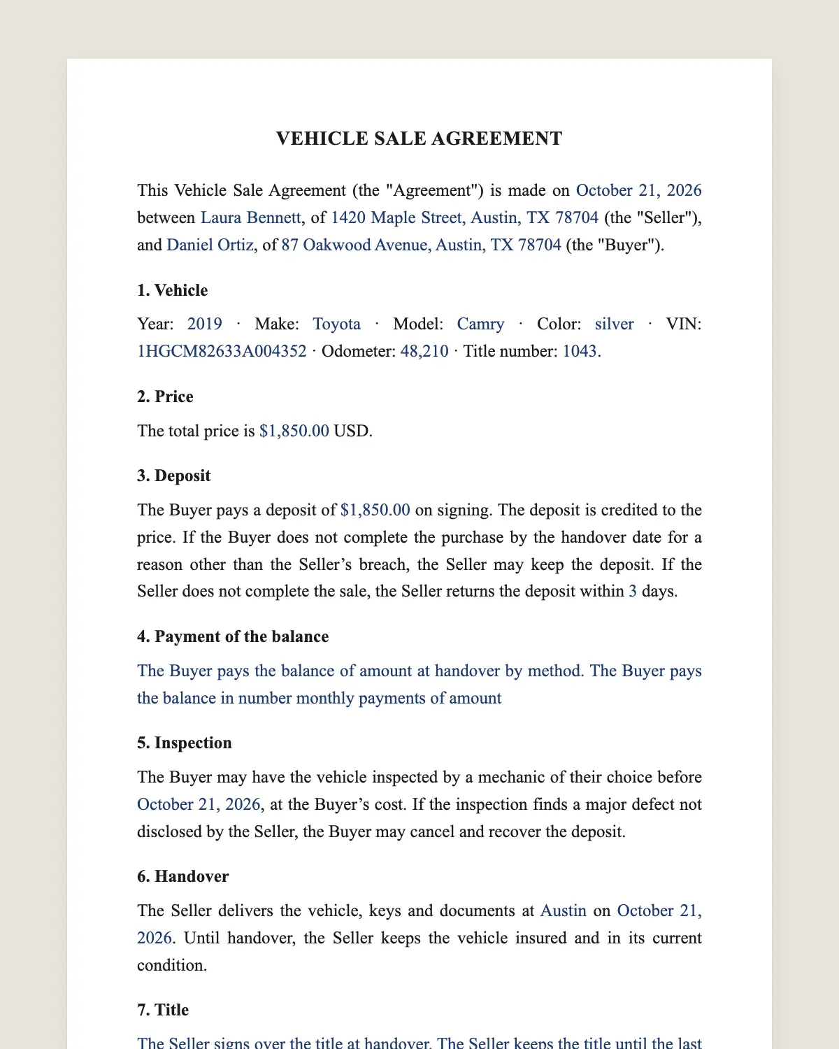 Car sale agreement example, filled in with sample data