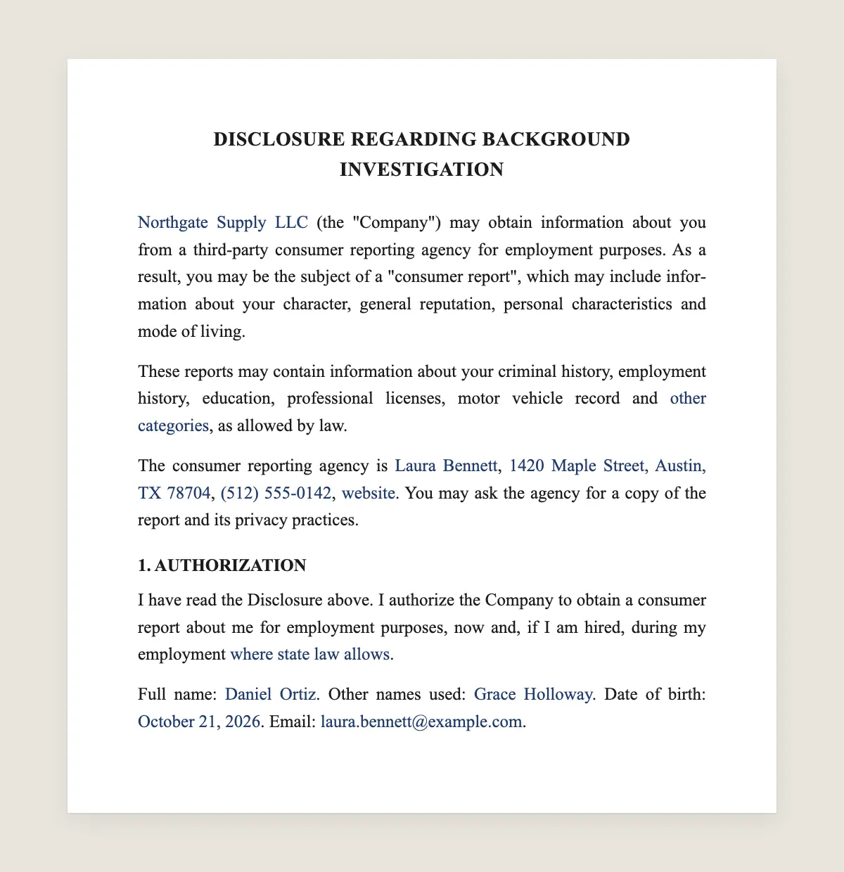 Background check disclosure and authorization example, filled in with sample data