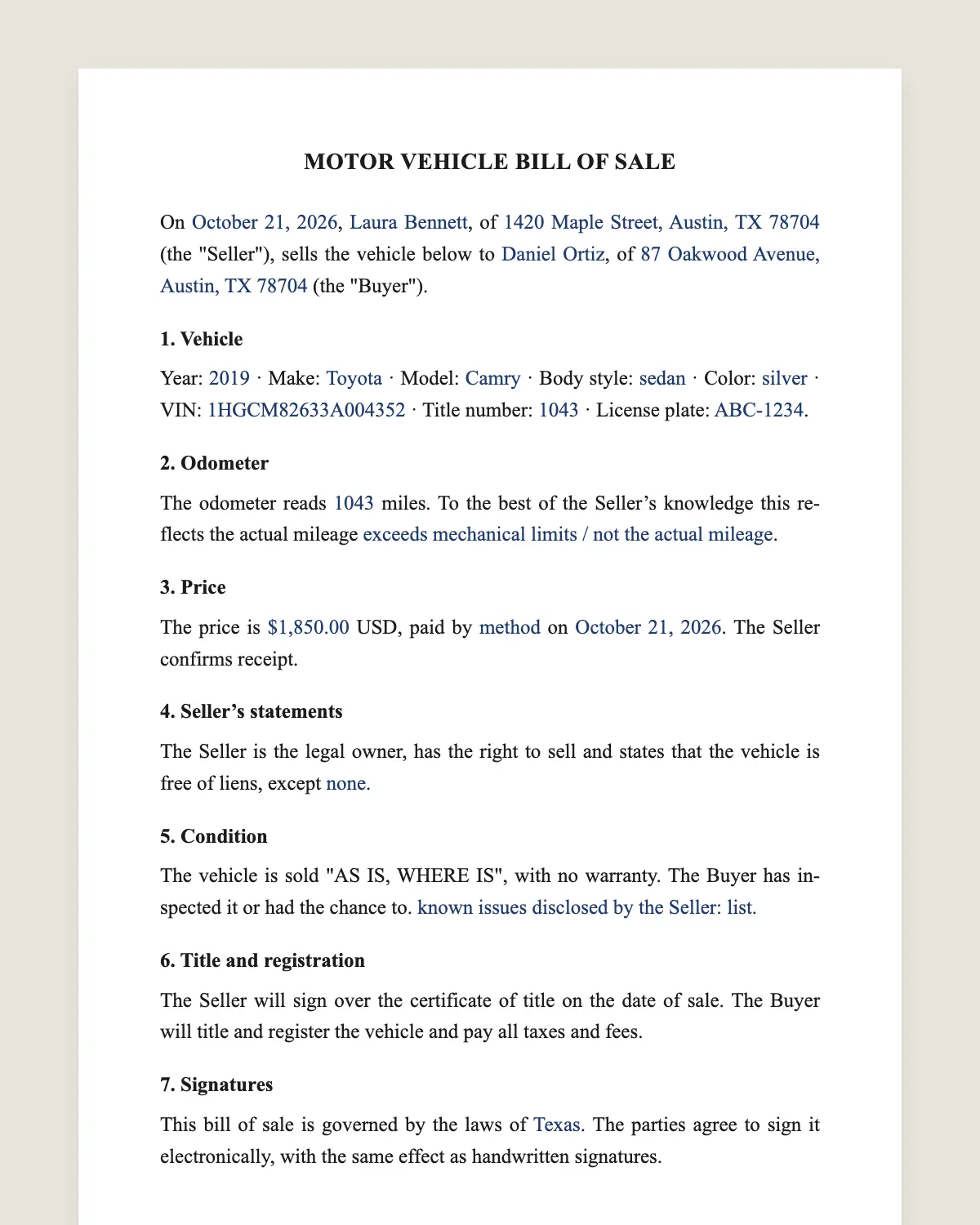 Car bill of sale example, filled in with sample data