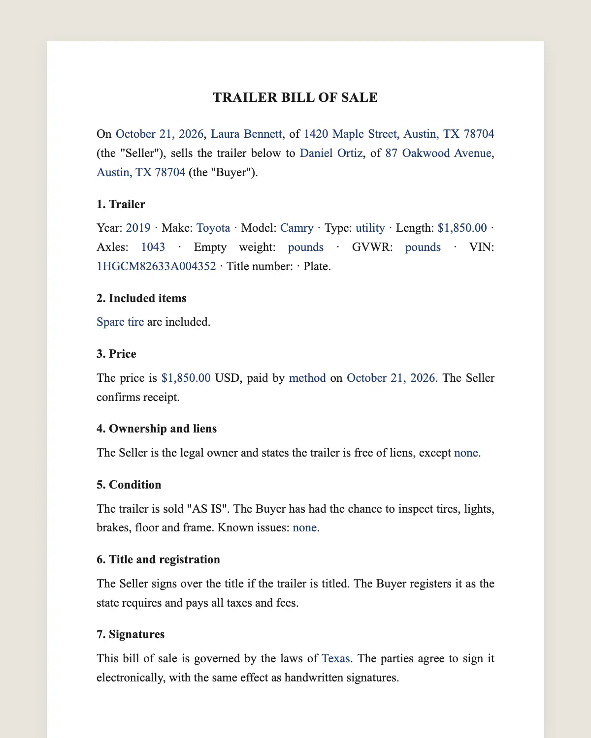 Trailer bill of sale example, filled in with sample data