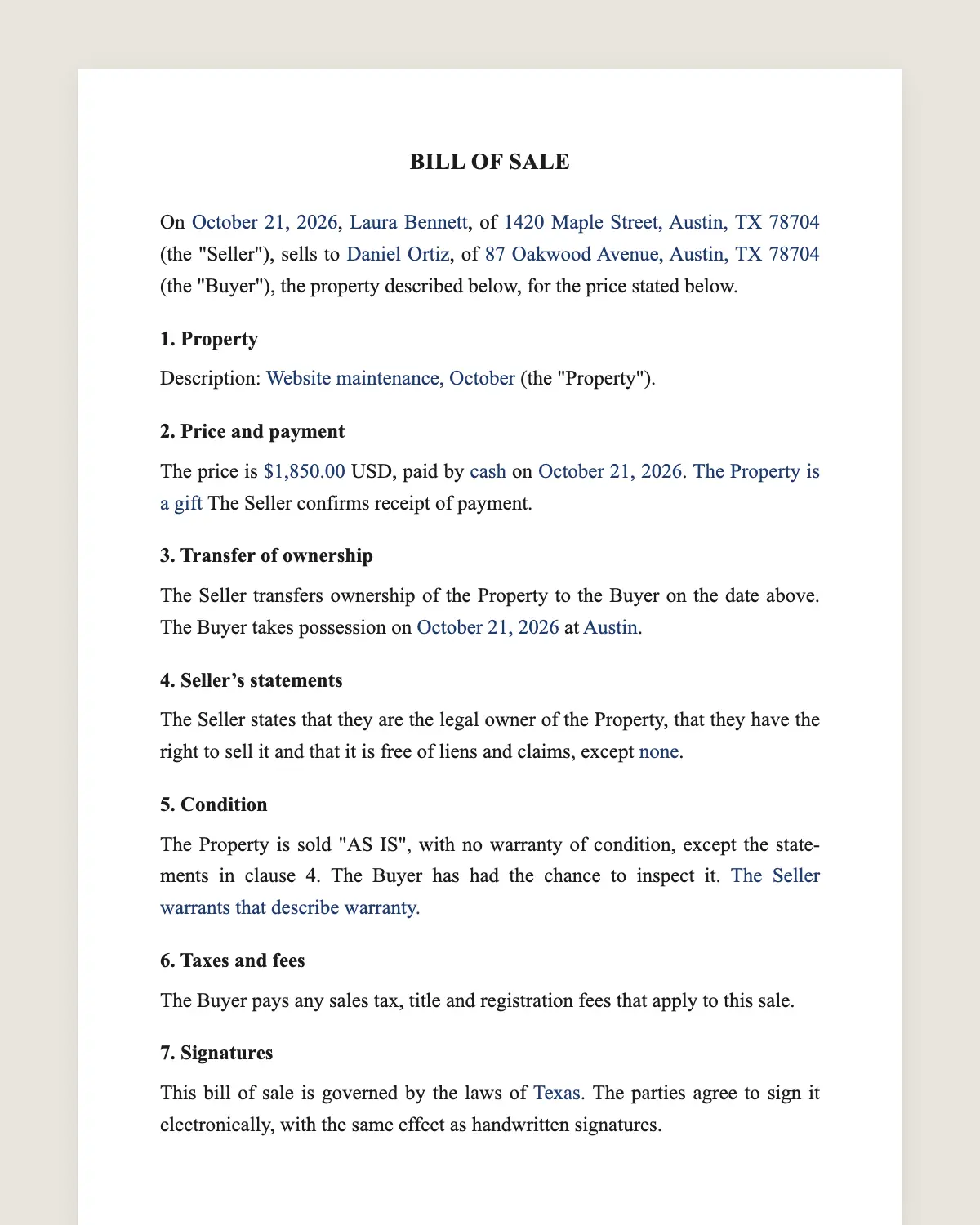 Bill of sale example, filled in with sample data