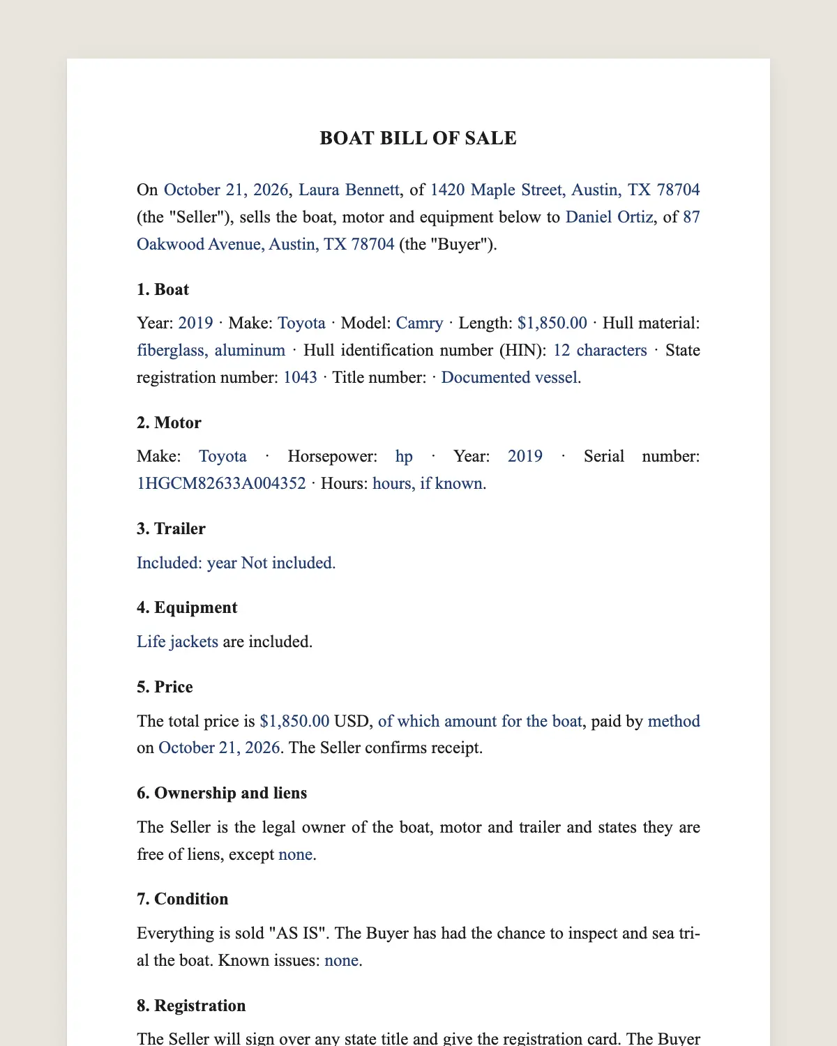Boat bill of sale example, filled in with sample data