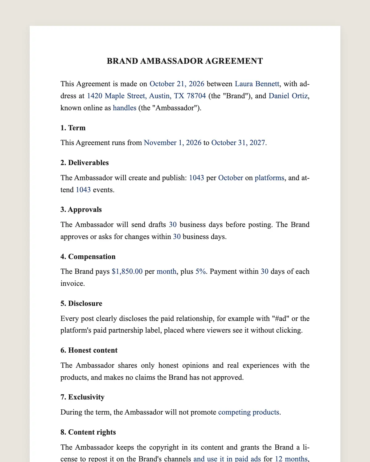 Brand ambassador contract example, filled in with sample data