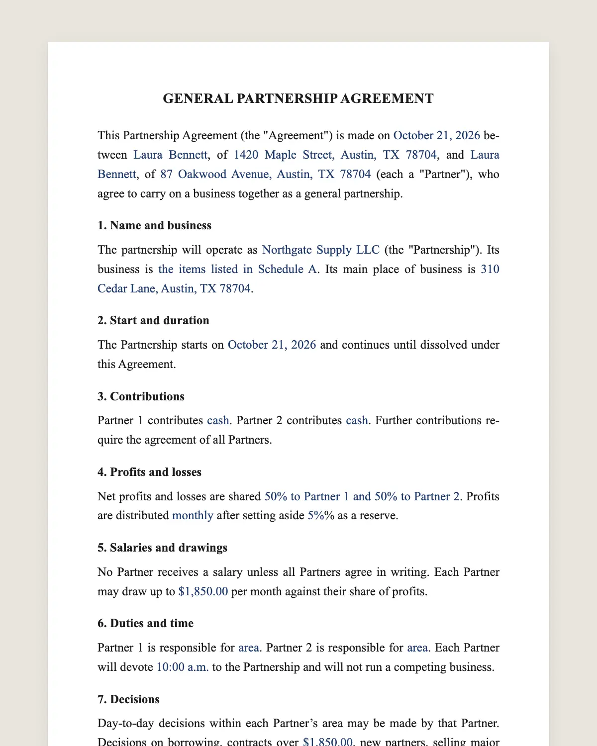 Partnership agreement example, filled in with sample data