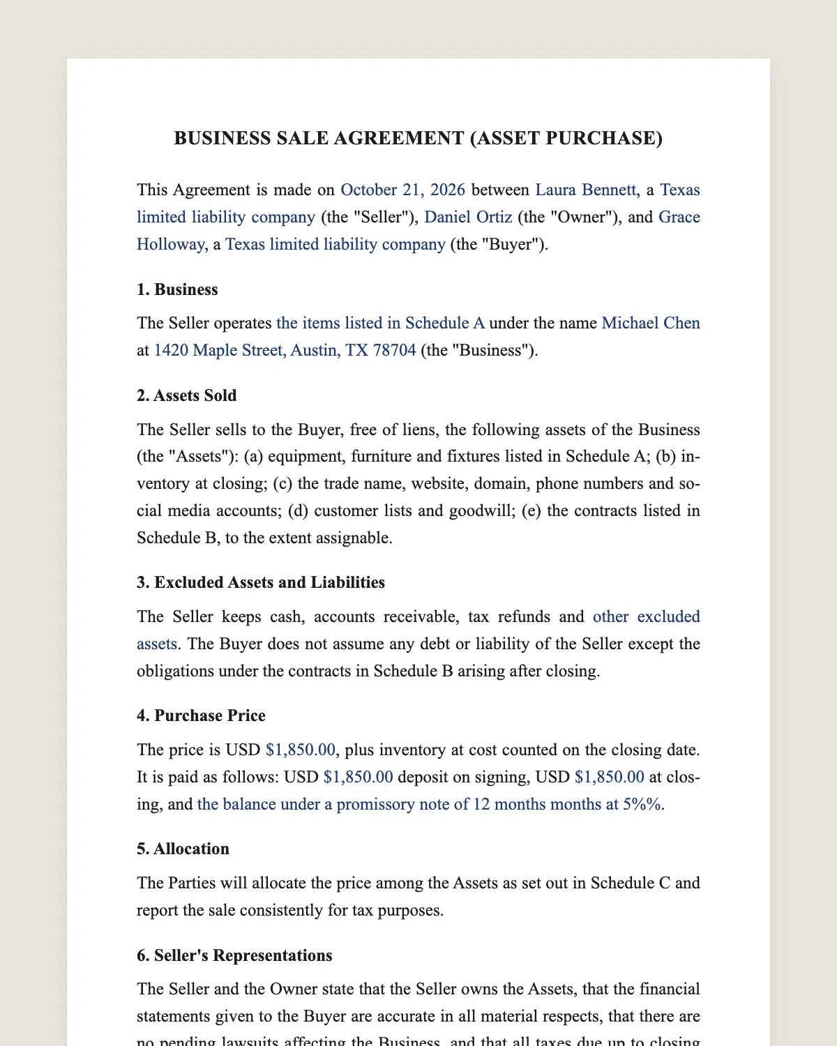 Business sale agreement example, filled in with sample data