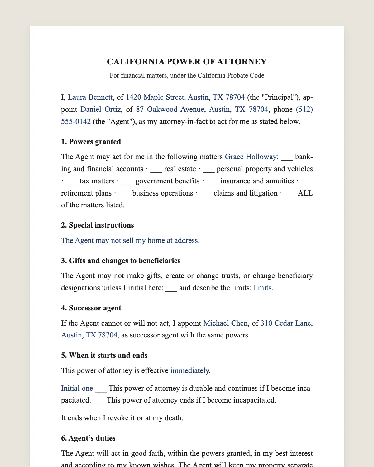 California power of attorney example, filled in with sample data
