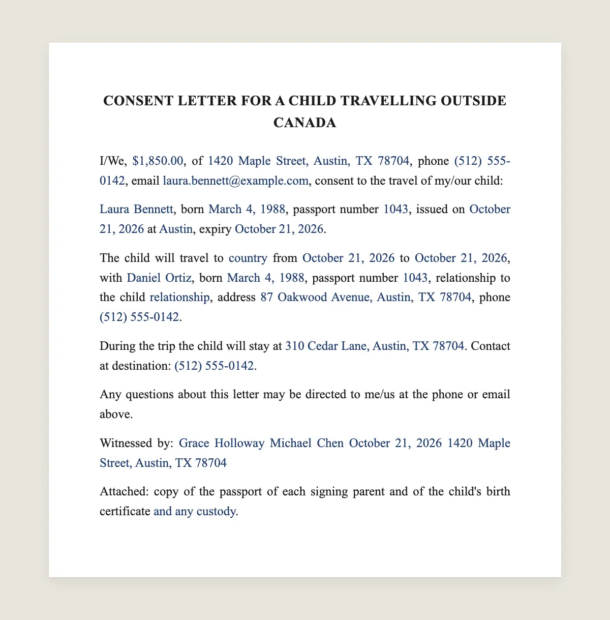 Travel consent letter example, filled in with sample data