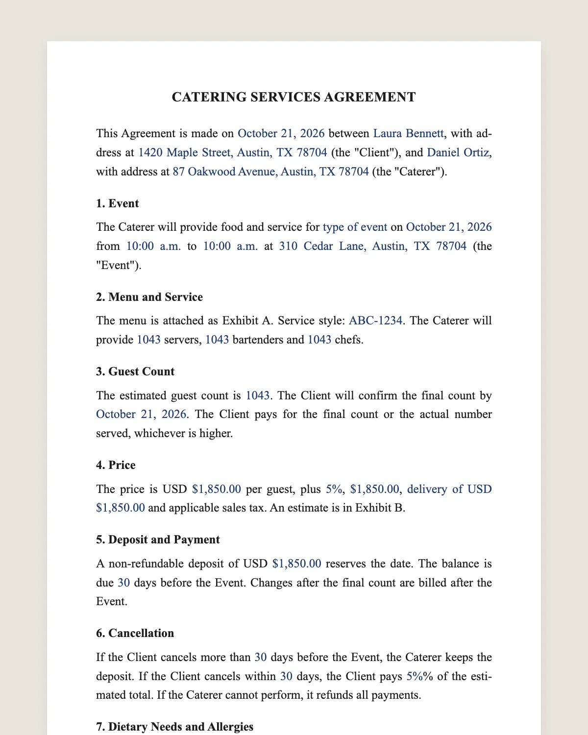 Catering contract example, filled in with sample data