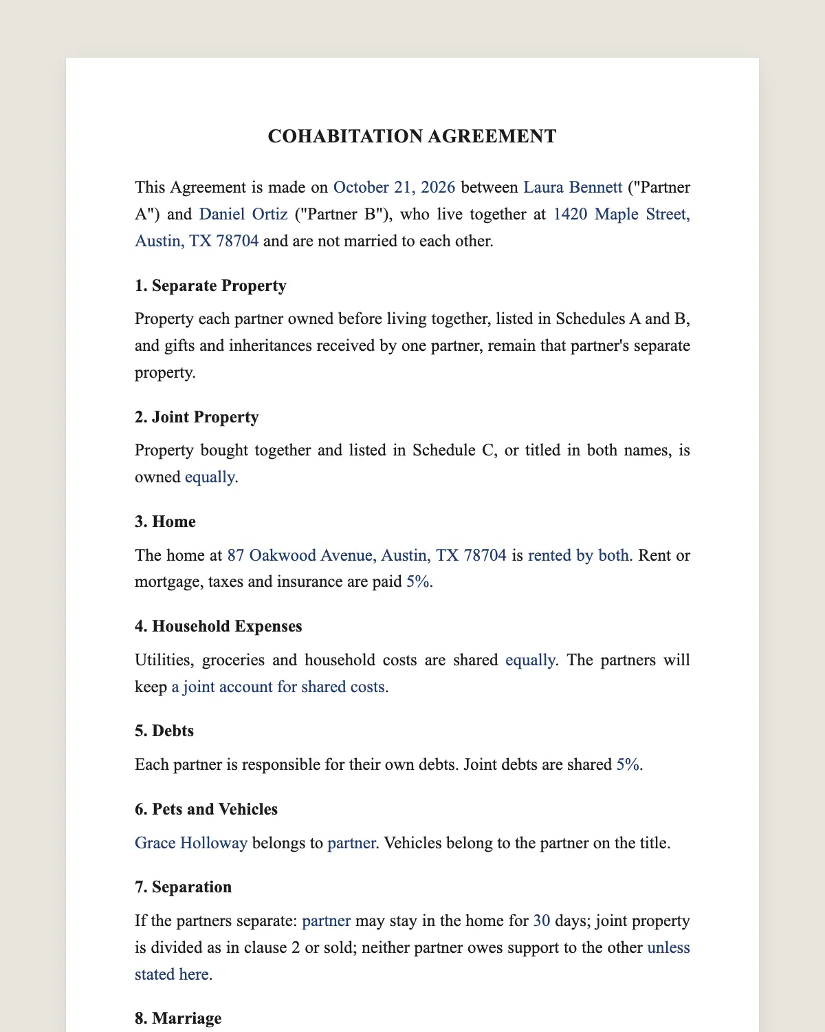 Cohabitation agreement example, filled in with sample data