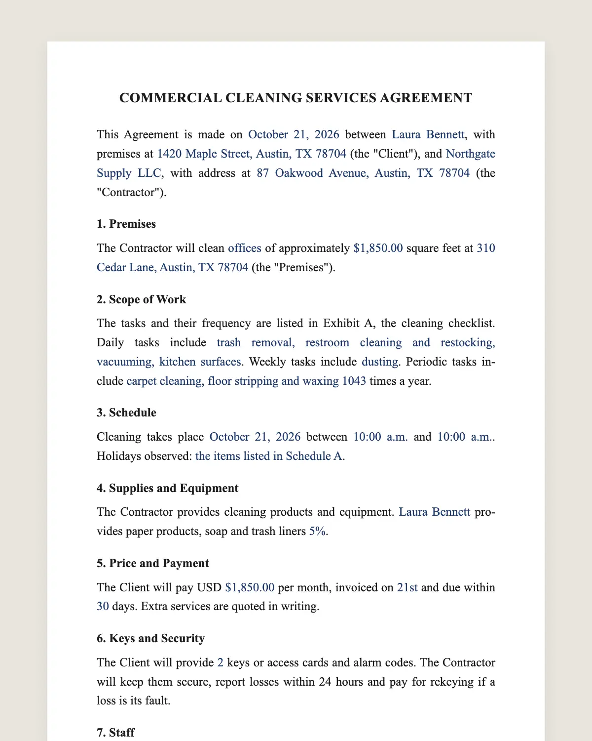 Commercial cleaning contract example, filled in with sample data
