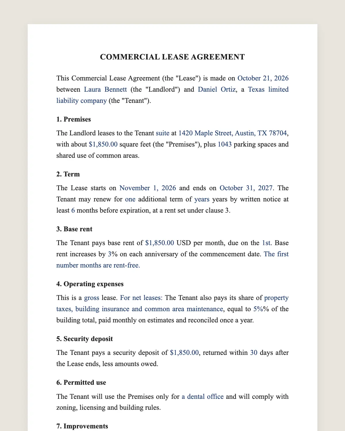 Commercial lease example, filled in with sample data
