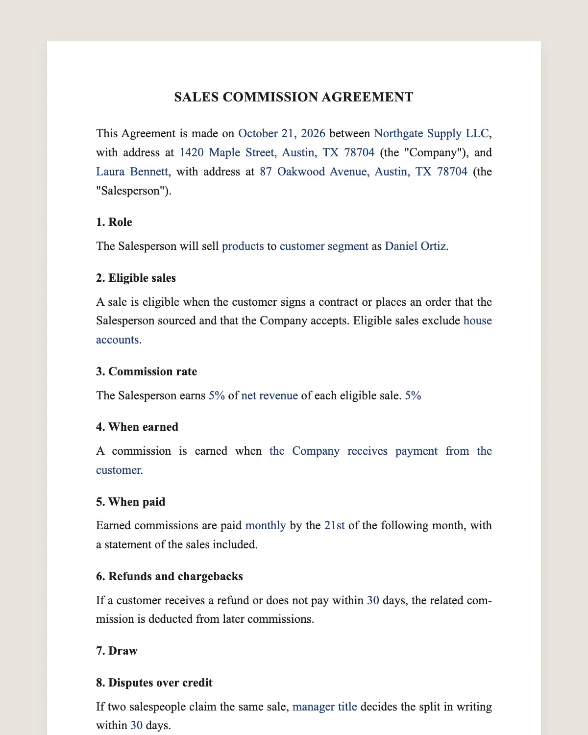 Sales commission agreement example, filled in with sample data