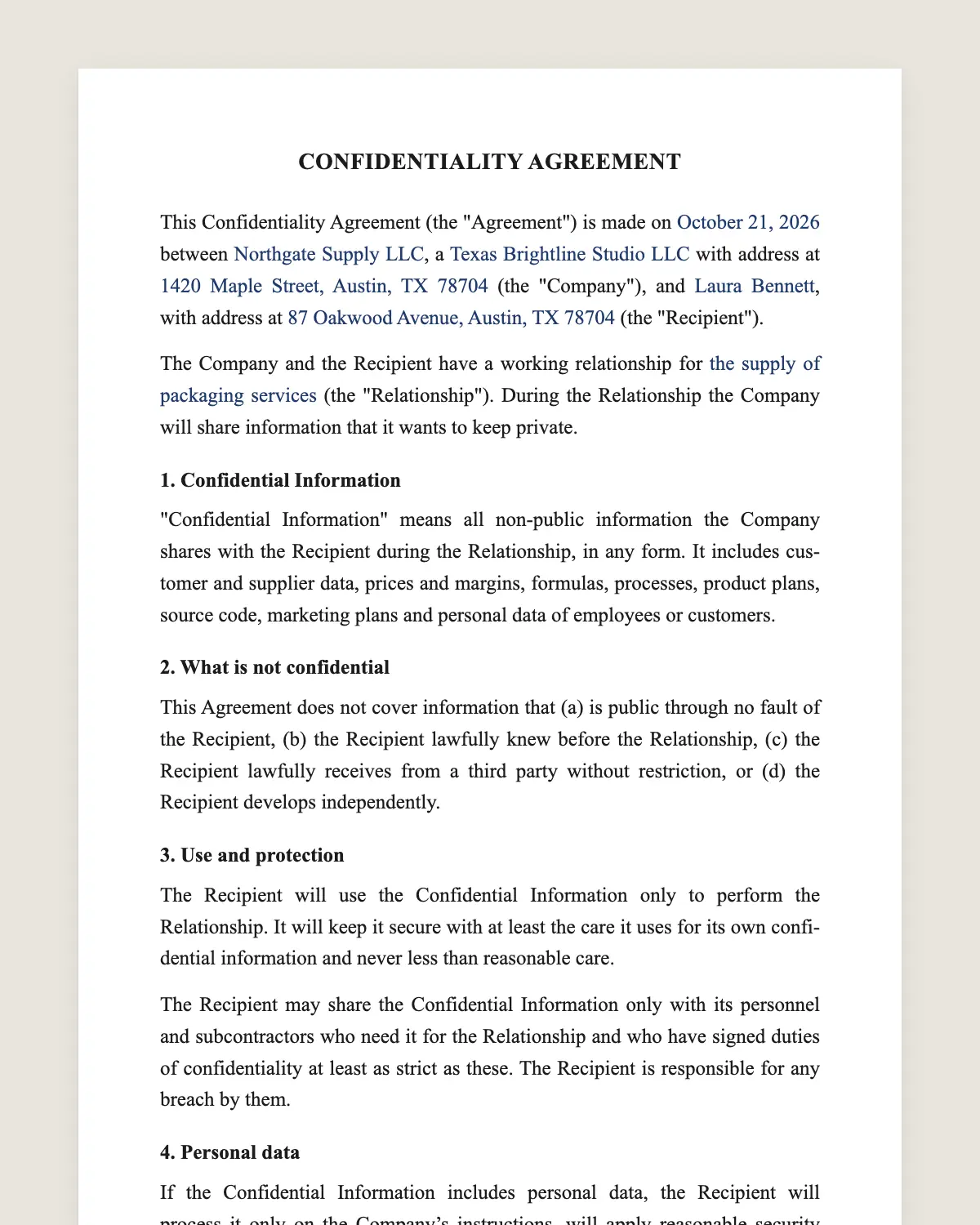 Confidentiality agreement example, filled in with sample data
