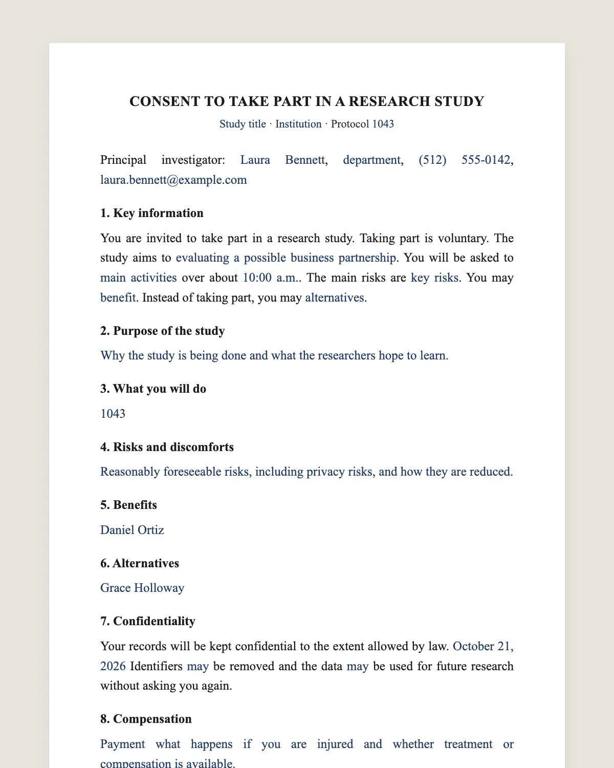 Research consent form example, filled in with sample data