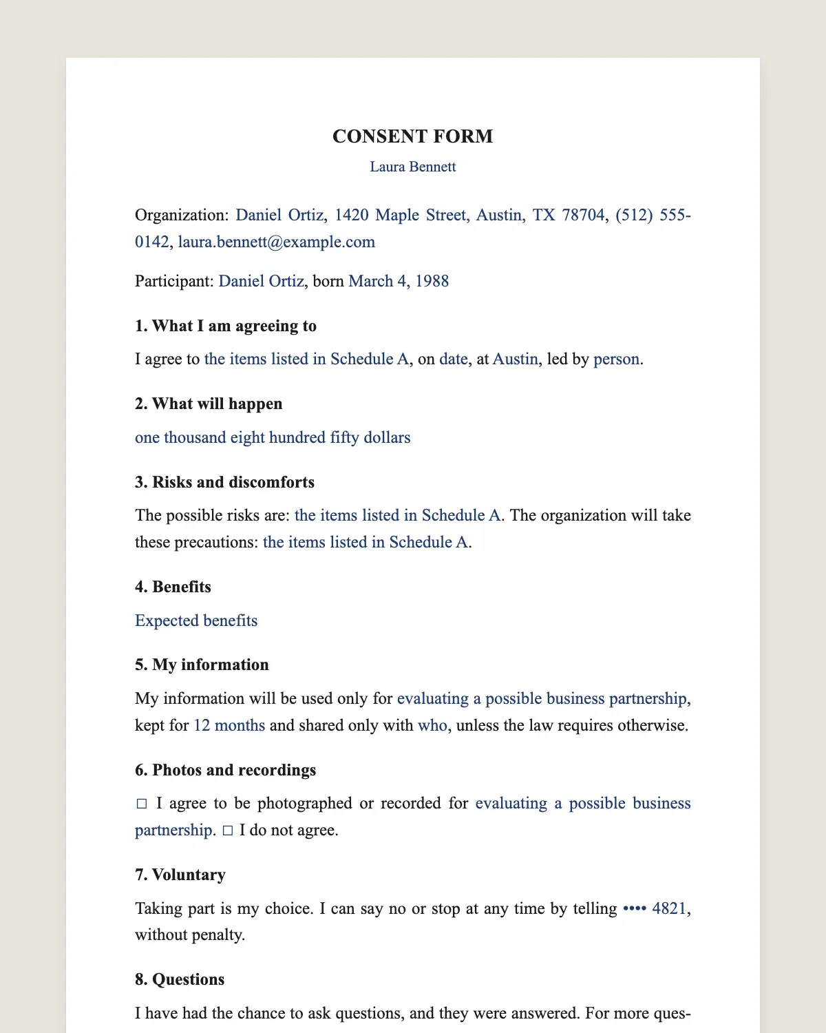 Consent form example, filled in with sample data