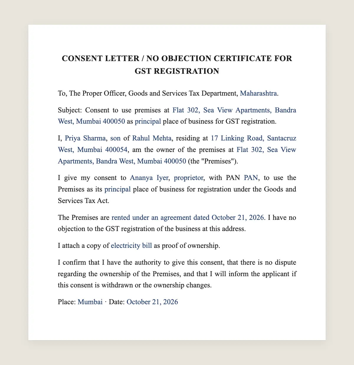 GST consent letter example, filled in with sample data