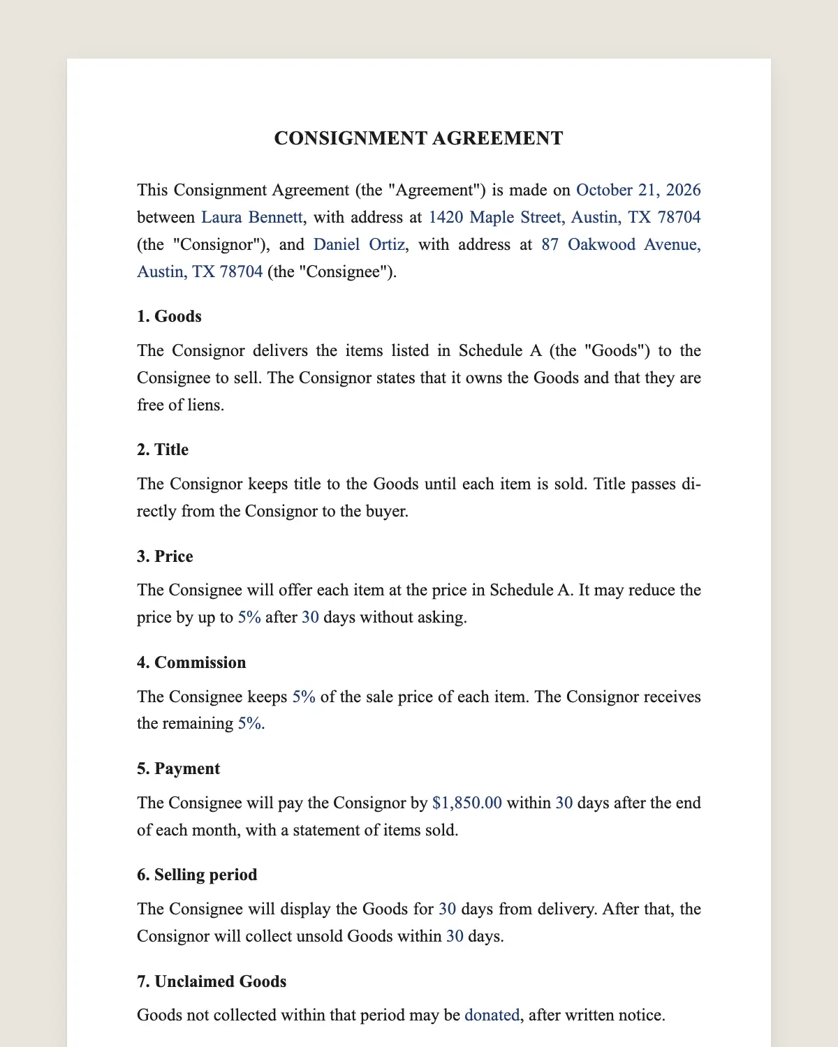 Consignment agreement example, filled in with sample data