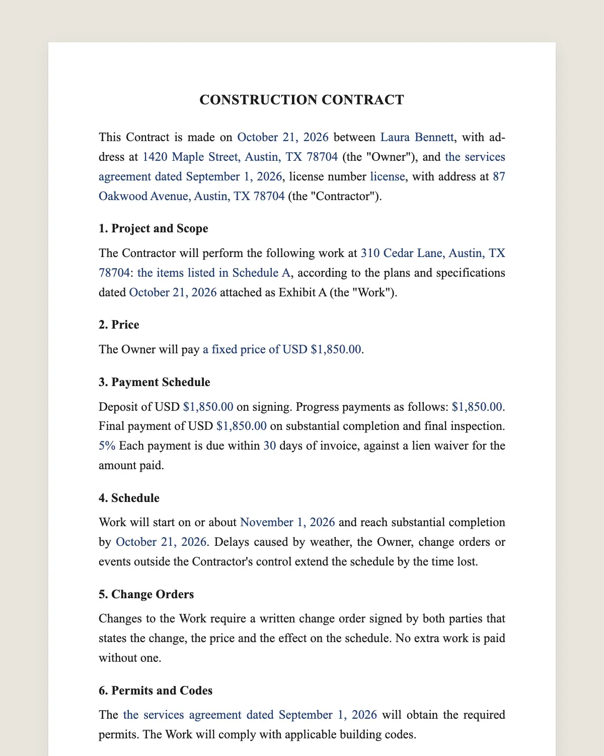 Construction contract example, filled in with sample data