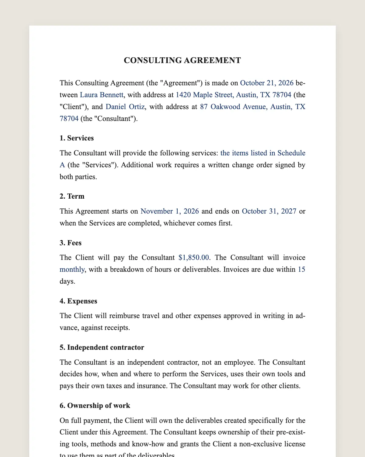 Consulting contract example, filled in with sample data