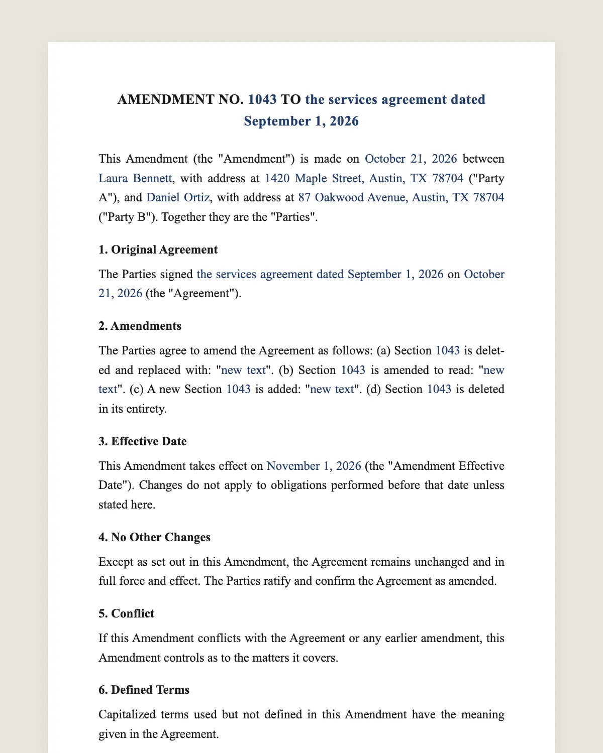 Contract amendment example, filled in with sample data