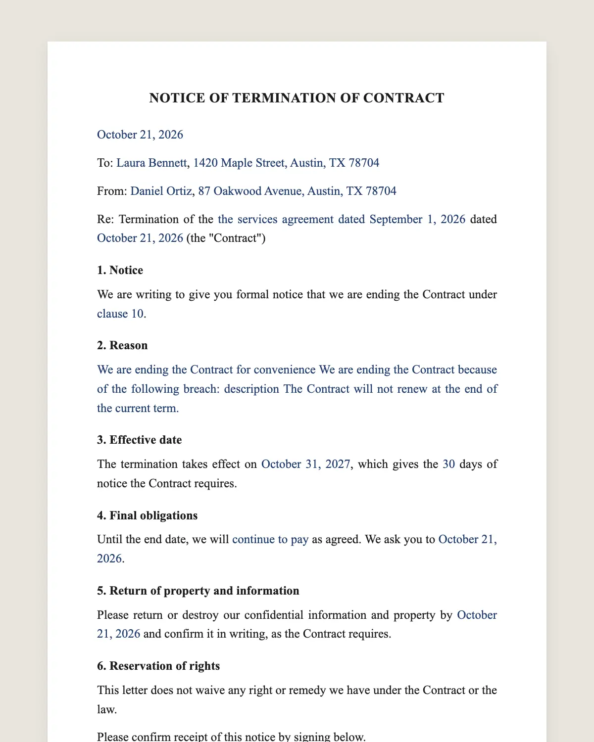 Contract termination letter example, filled in with sample data