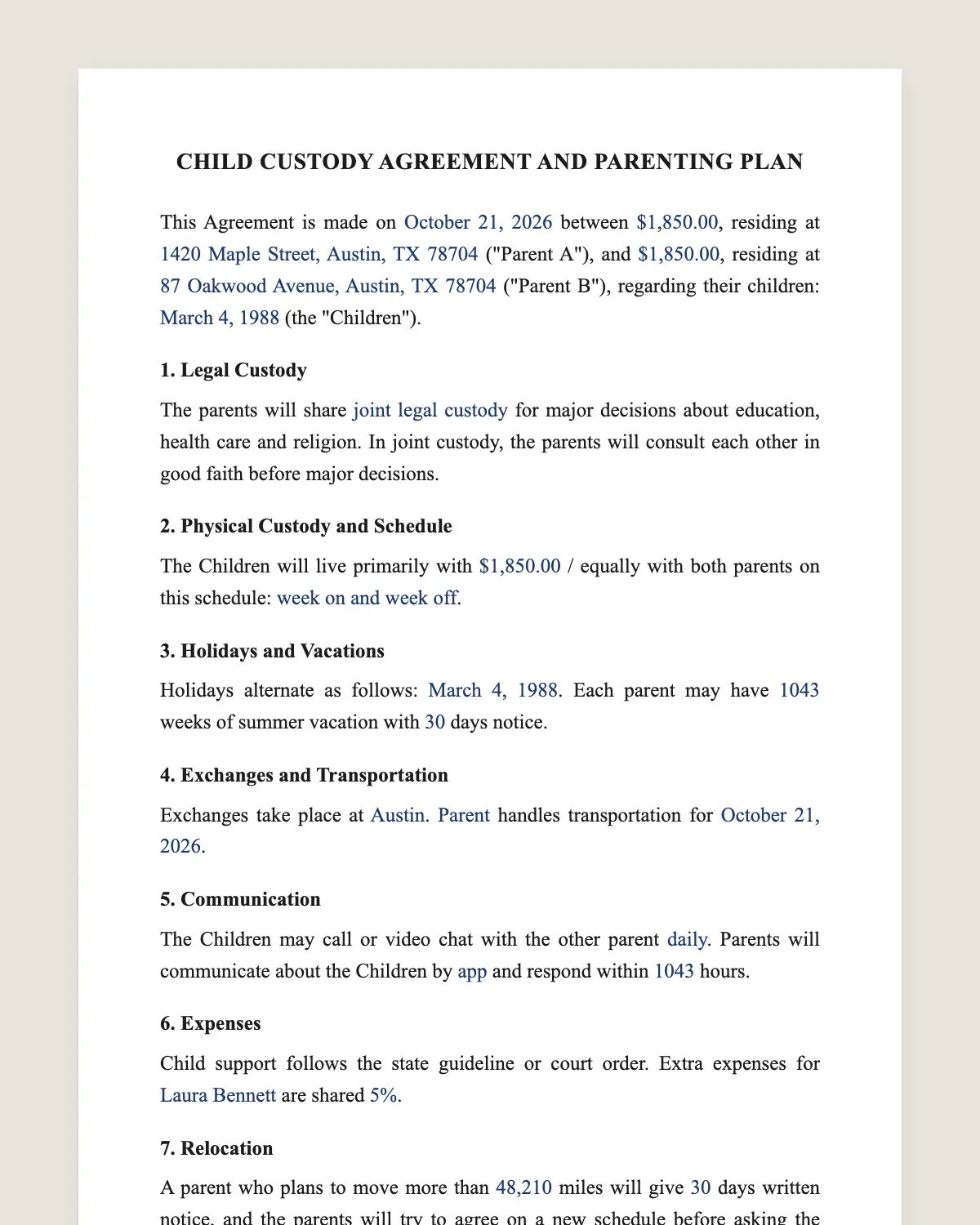 Custody agreement example, filled in with sample data