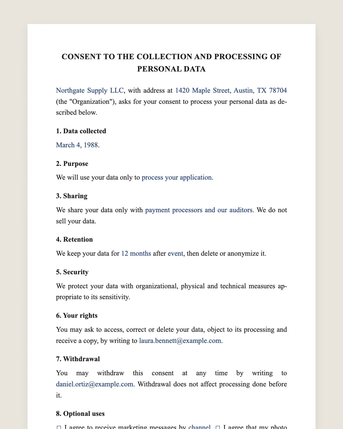 Data privacy consent form example, filled in with sample data