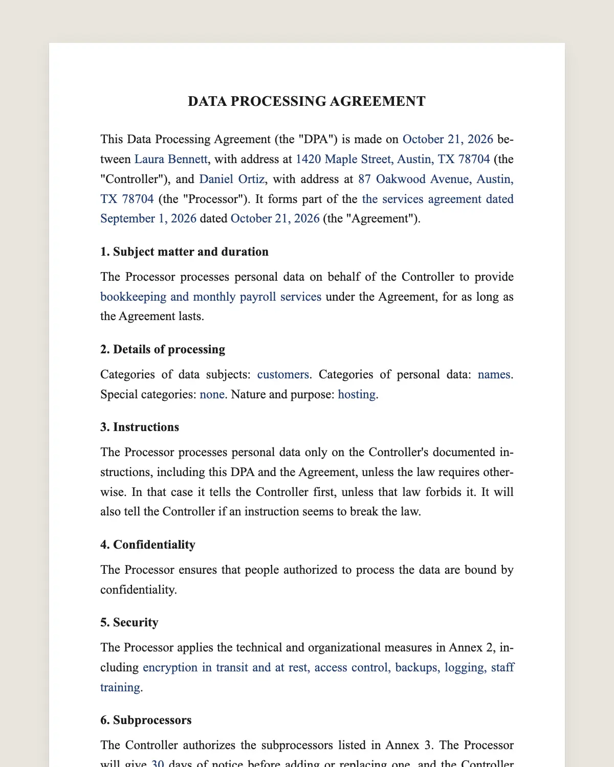 Data processing agreement example, filled in with sample data