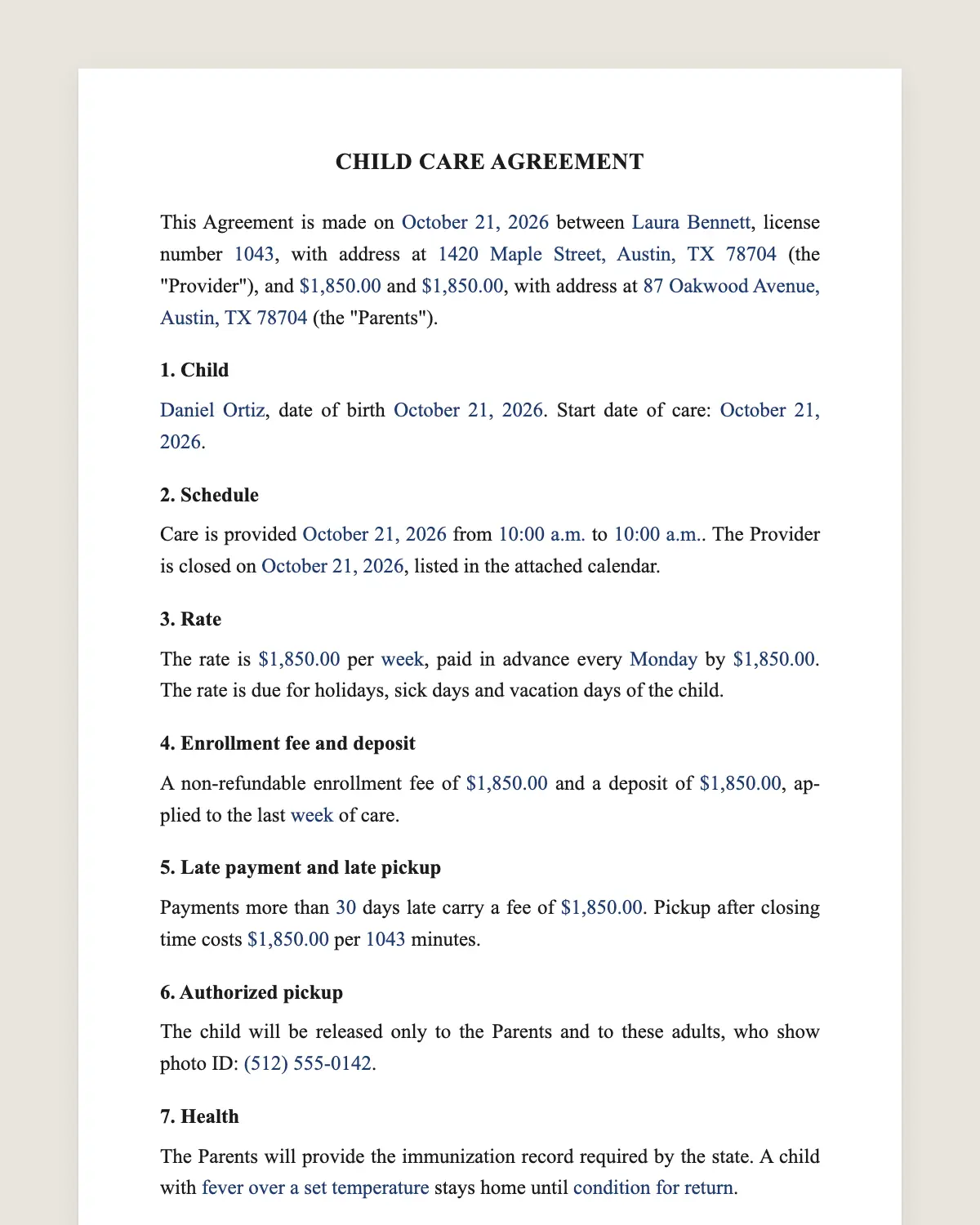 Daycare contract example, filled in with sample data