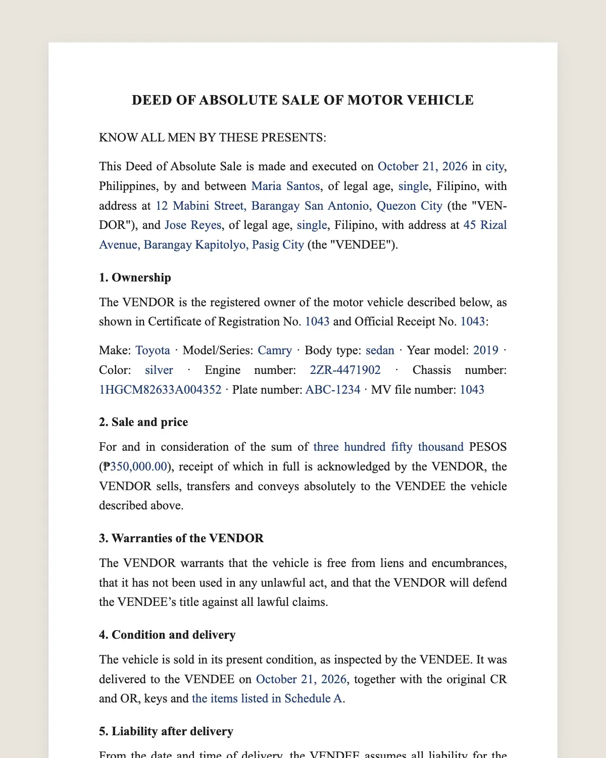Deed of absolute sale of motor vehicle example, filled in with sample data