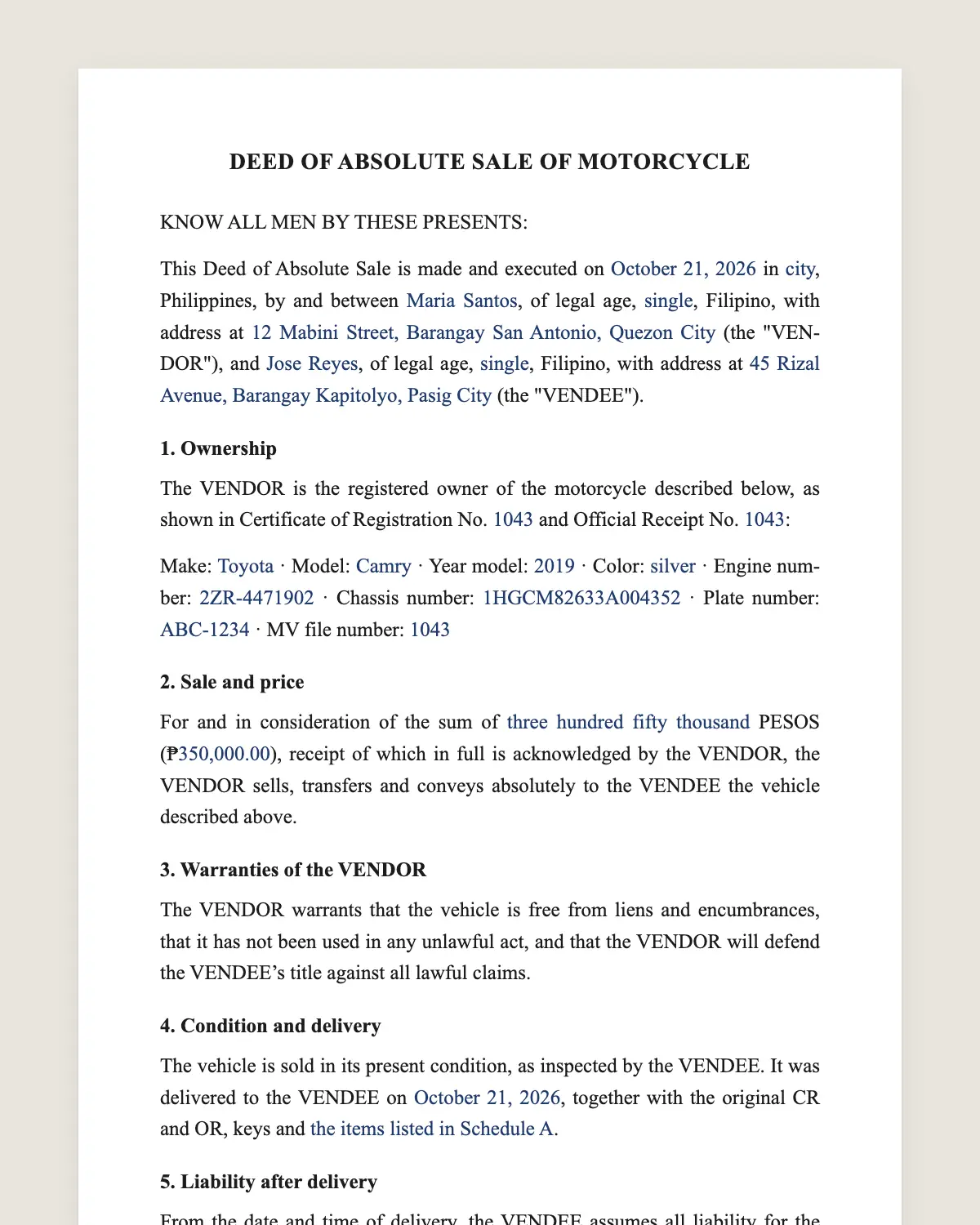 Deed of absolute sale of motorcycle example, filled in with sample data